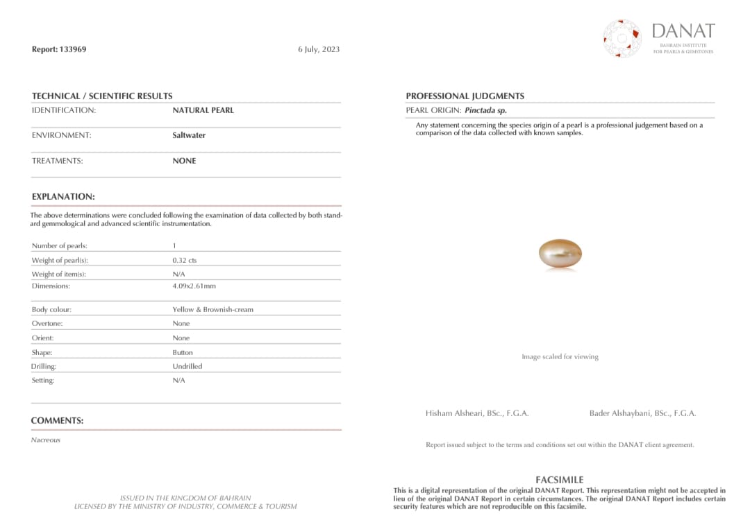 Real Natural Pearl 0.32 Carat Danat Lab Certified 133969/ Hirco Certificate No: 0400032432