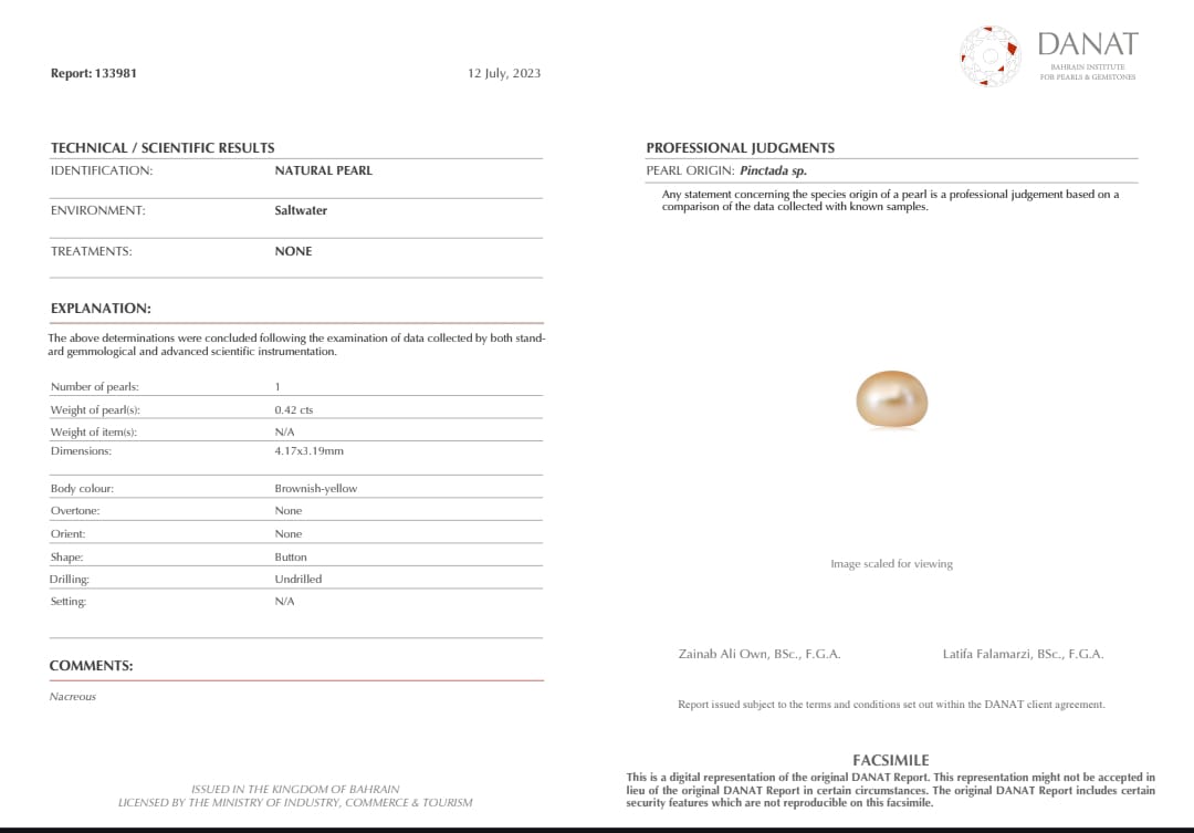 Real Natural Pearl 0.42 Carat Danat Lab Certified 133981/ Hirco Certificate No: 0400022442