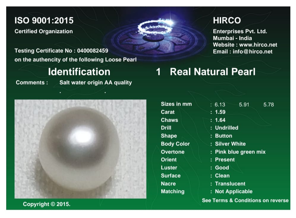 Real Natural Pearl 1.59 Carat Danat Lab Certified 134027/ Hirco Certificate No: 0400082459