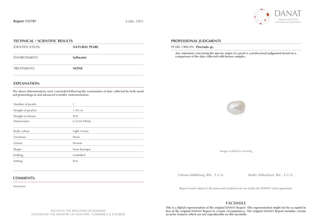 Real Natural Pearl 1.45 Carat Danat Lab Certified 133787/ Hirco Certificate No: 0500022445