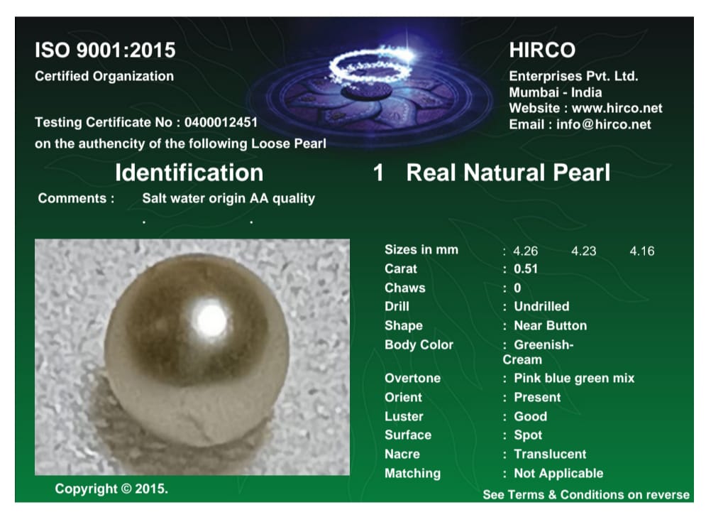 Real Natural Pearl 0.51 Carat Danat Lab Certified 133953/ Hirco Certificate No: 0400012451