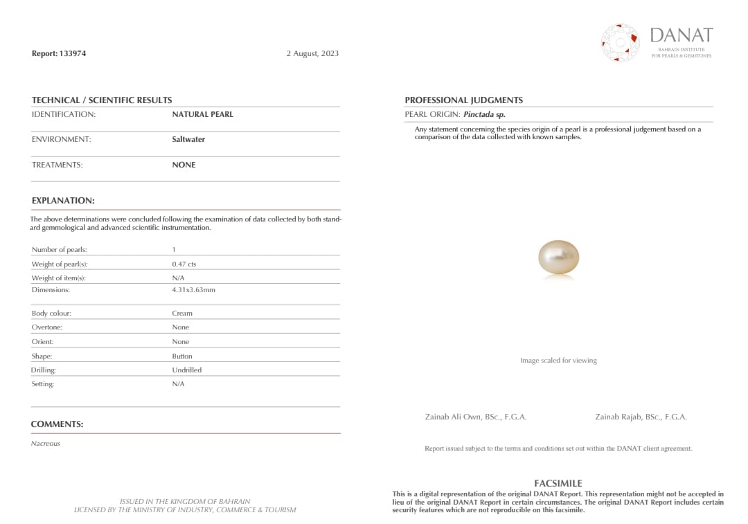 Real Natural Pearl 0.47 Carat Danat Lab Certified 133974/ Hirco Certificate No: 0400142447
