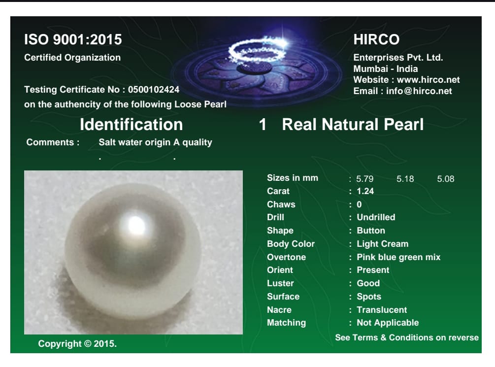 Real Natural Pearl 1.24 Carat Danat Lab Certified 133810/ Hirco Certificate No: 0500102424