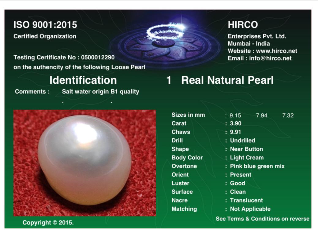 Real Natural Pearl 3.90 Carat Danat Lab Certified 110120/ Hirco Certificate No: 0500012290