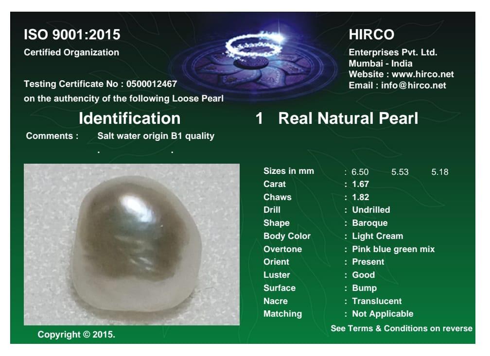 Real Natural Pearl 1.67 Carat Danat Lab Certified 133891/ Hirco Certificate No: 0500012467