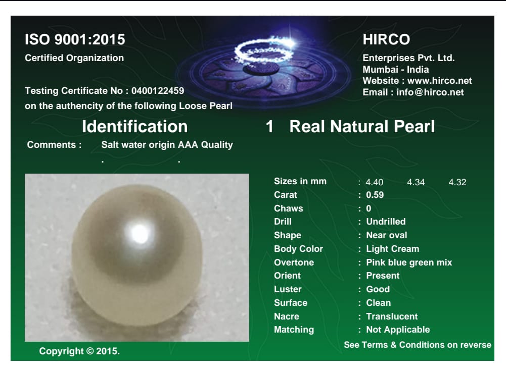 Real Natural Pearl 0.59 Carat Danat Lab Certified 133994/ Hirco Certificate No: 0400122459