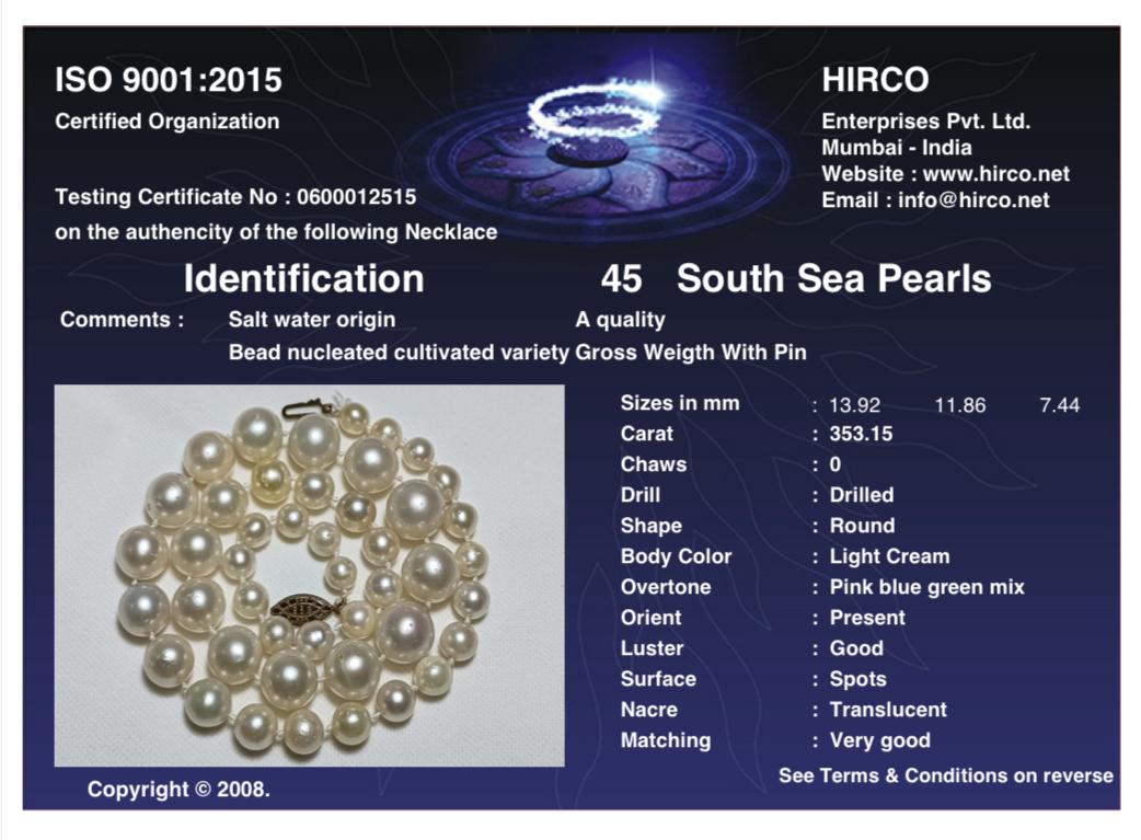 South Sea Pearls 353.15 Carat Hirco Lab Certified 0600012515