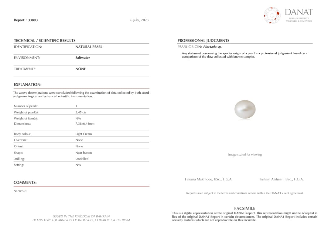Real Natural Pearl 2.45 Carat Danat Lab Certified 133803/ Hirco Certificate No: 0500102445