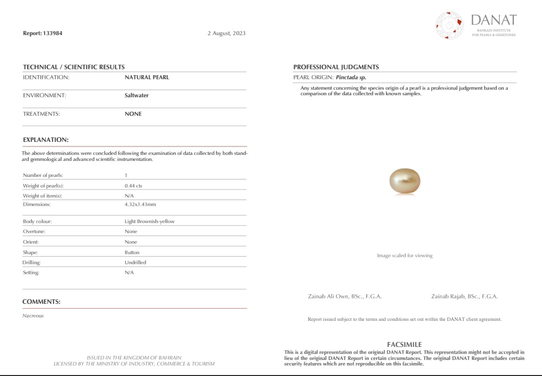 Real Natural Pearl 0.44 Carat Danat Lab Certified 133984/ Hirco Certificate No: 0500052444