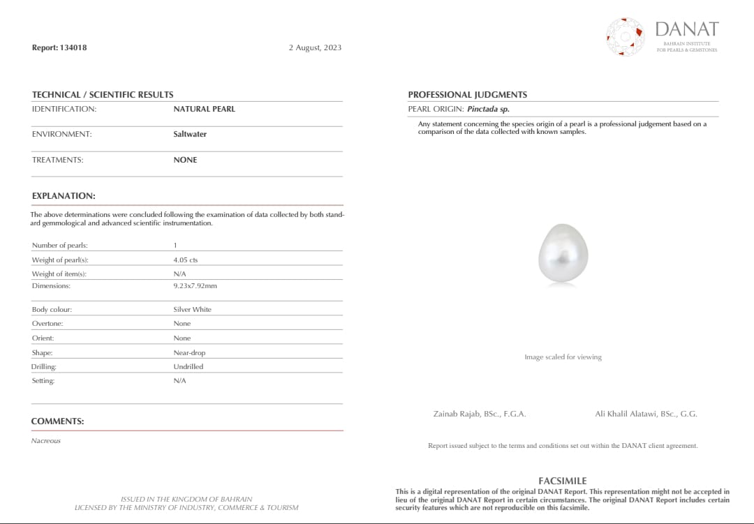 Real Natural Pearl 4.05 Carat Danat Lab Certified 134018/ Hirco Certificate No: 0500032405