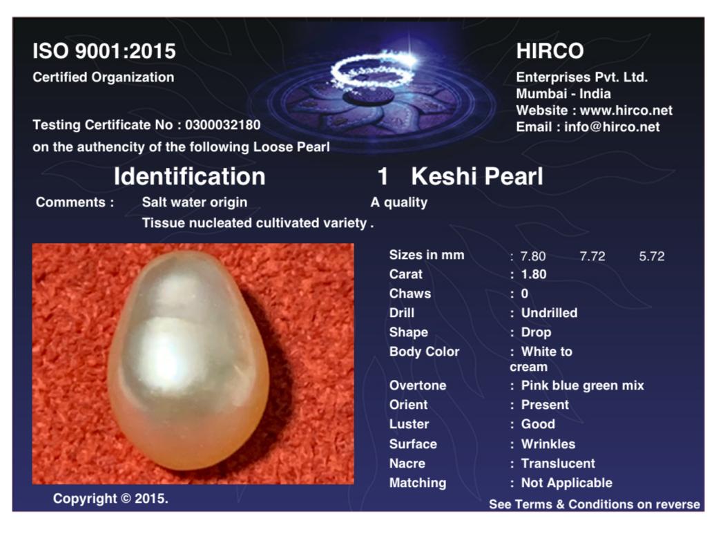 Keshi Pearl 1.80 Carat Saltwater Origin Hirco Lab Certified 0300032180