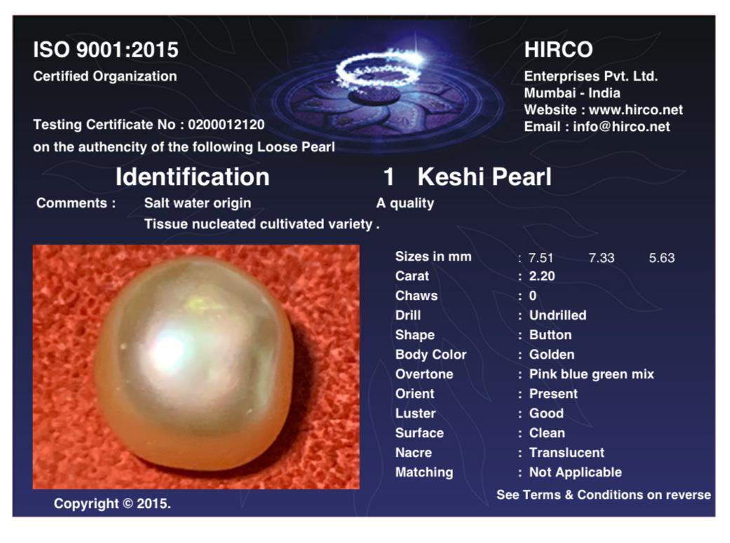 Keshi Pearl 2.20 Carat Saltwater origin Hirco Lab Certified 0200012120