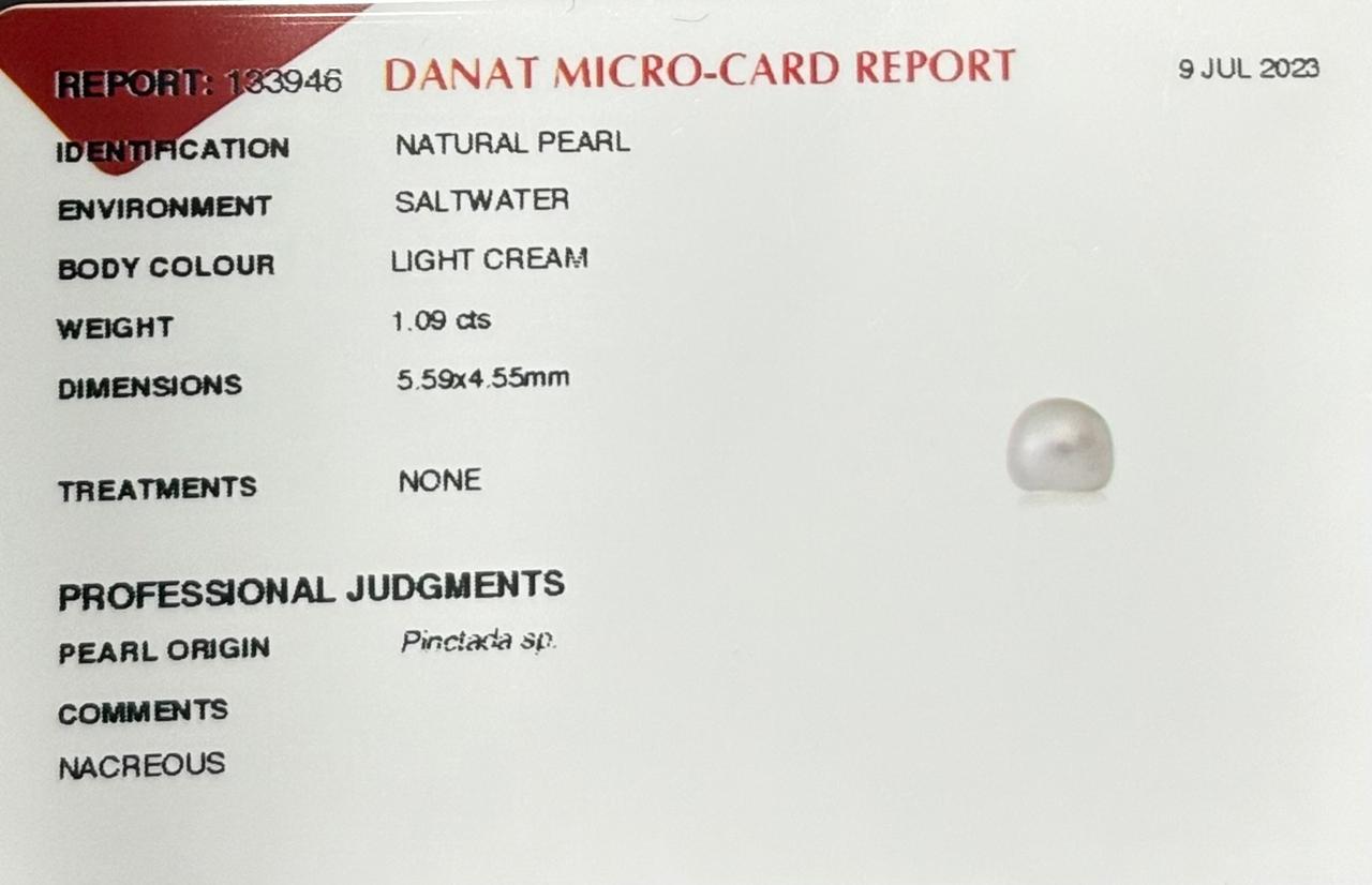 Real Natural Pearl 1.09 Carat Danat Lab Certified 133946/ Hirco Certificate No: 0400102409