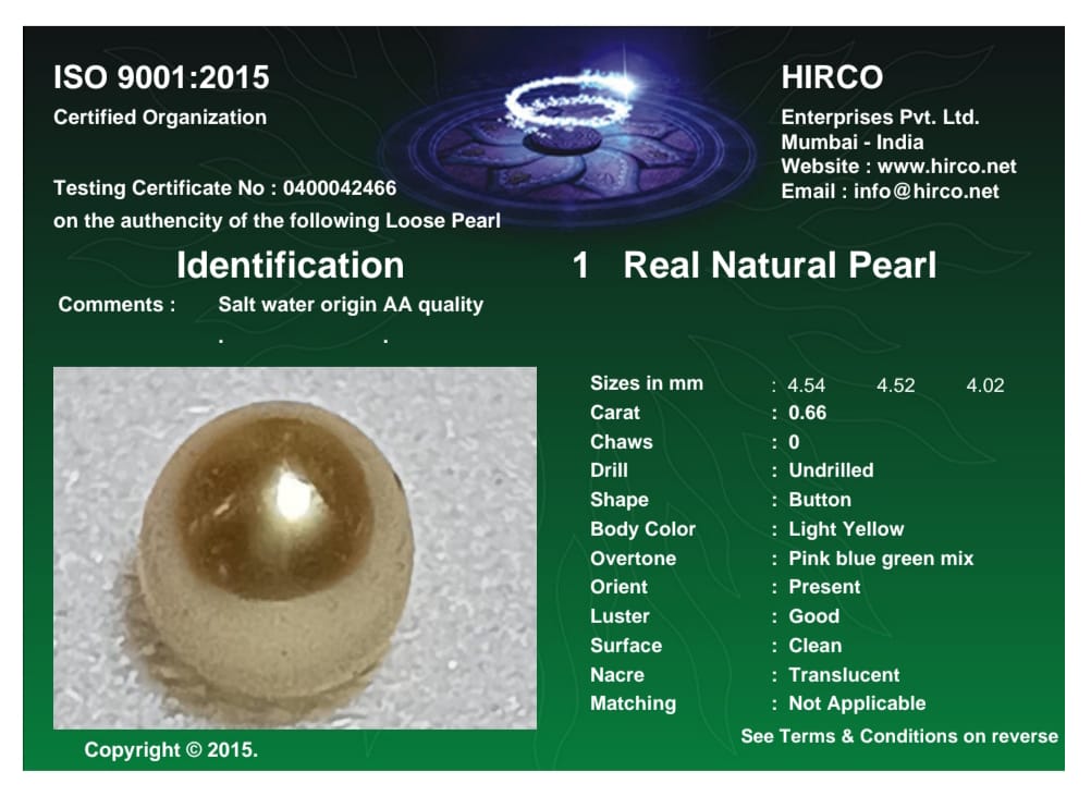 Real Natural Pearl 0.66 Carat Danat Lab Certified 133976/ Hirco Certificate No: 0400042466