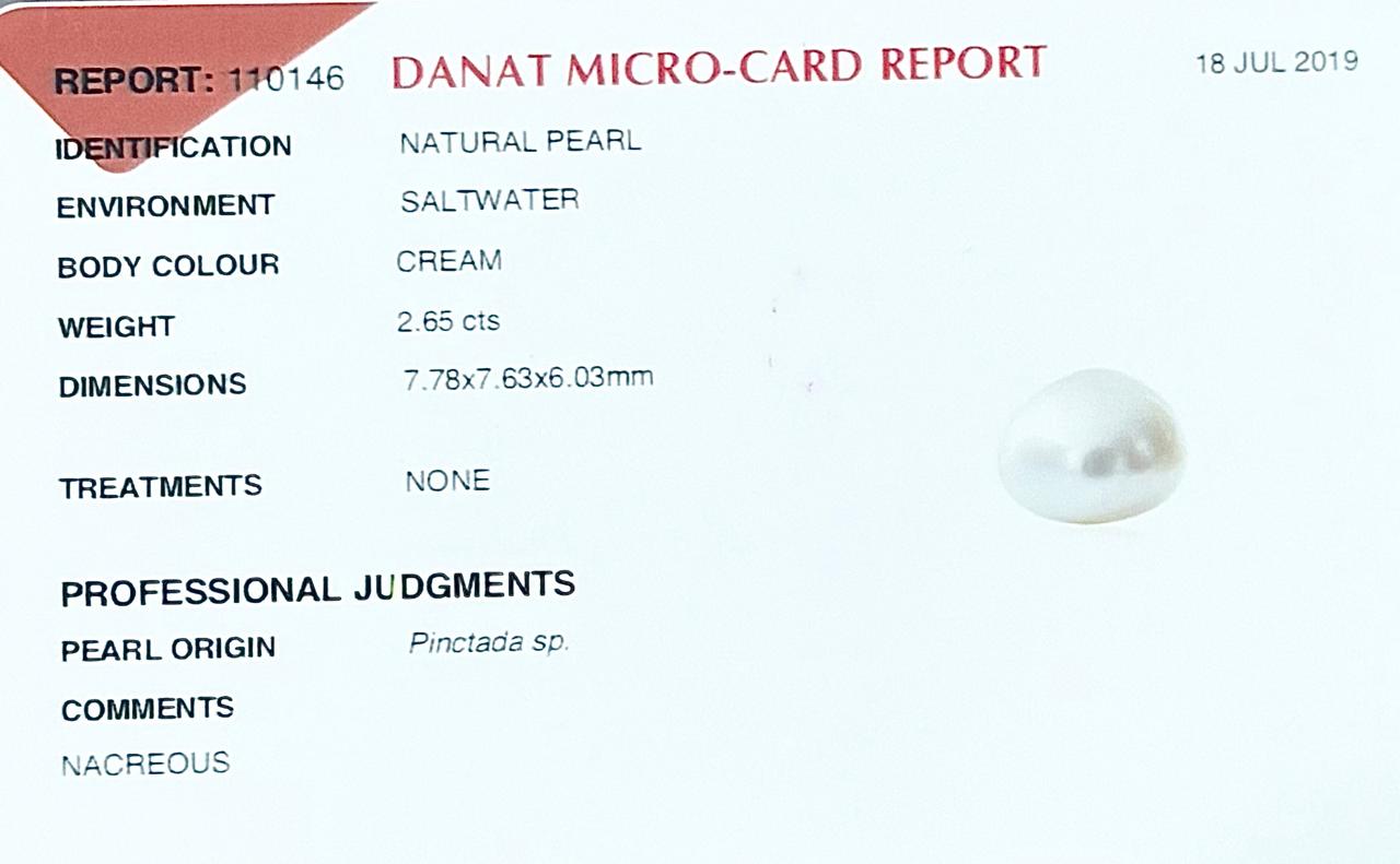Real Natural Pearl 2.65 Carat Danat Lab Certified 110146/ Hirco Certificate No: 1000012265