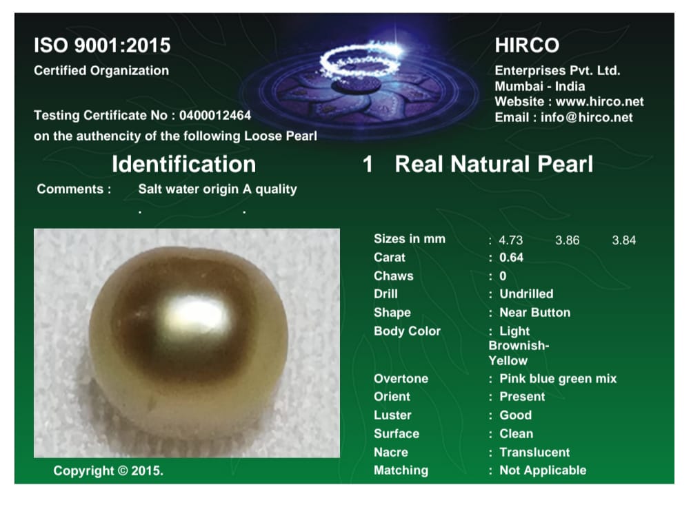 Real Natural Pearl 0.64 Carat Danat Lab Certified 133987/ Hirco Certificate No: 0400012464