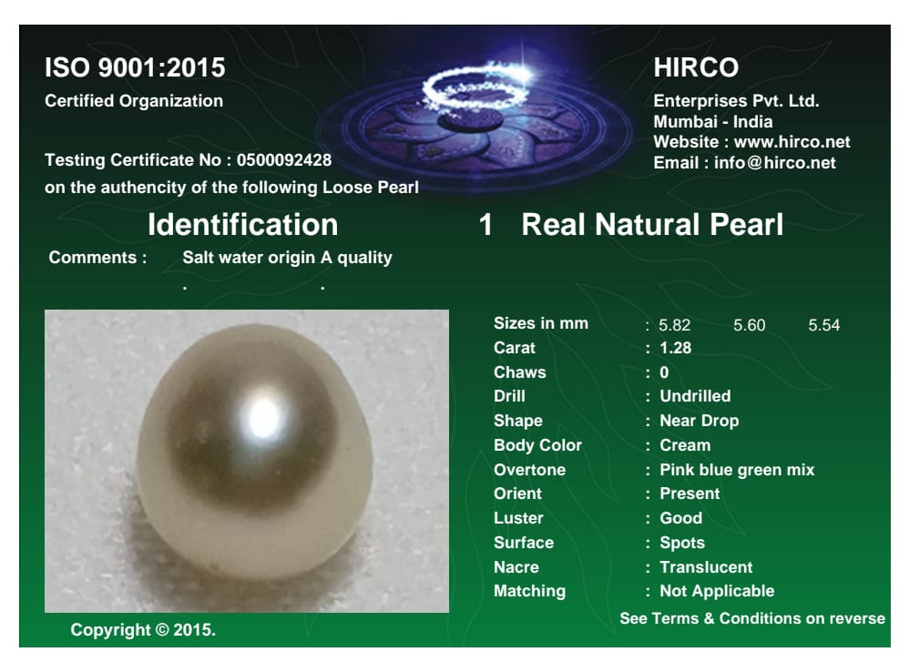Real Natural Pearl 1.28 Carat Danat Lab Certified 133992/ Hirco Certificate No: 0500092428