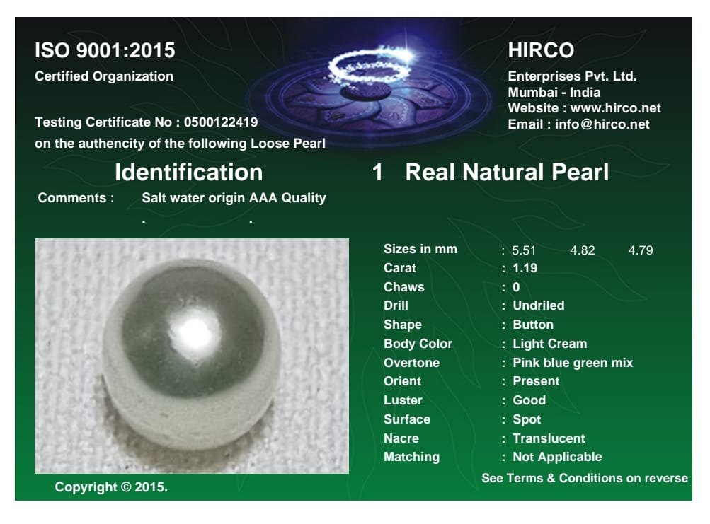 Real Natural Pearl 1.19 Carat Danat Lab Certified 133781/ Hirco Certificate No: 0500122419