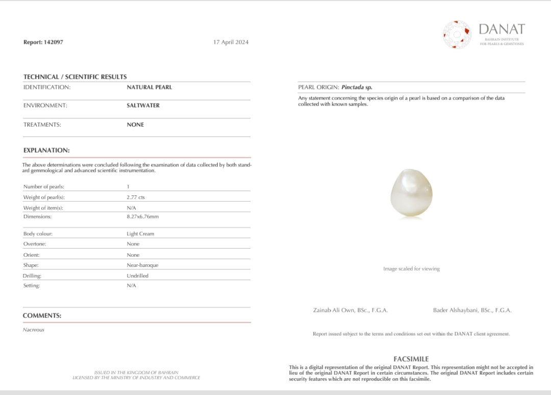 Real Natural Pearl 2.77 Carat Danat Lab Certificate No: 142097