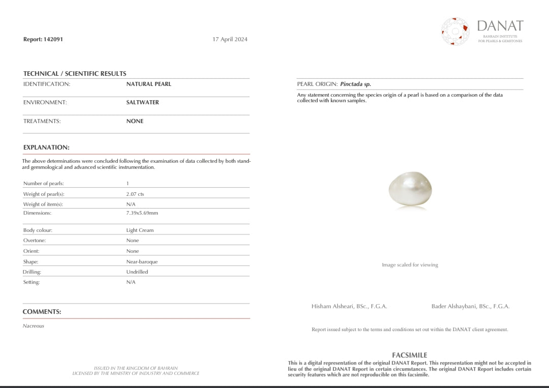 Real Natural Pearl 2.07 Carat Danat Lab Certificate No: 142091