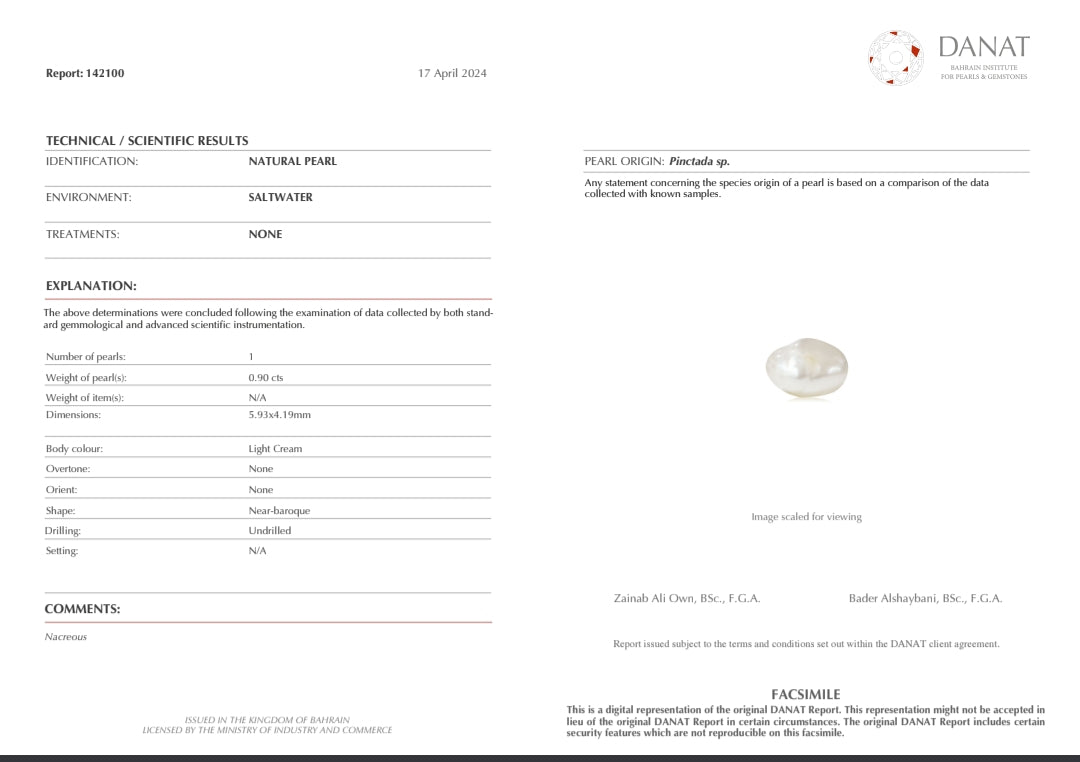 Real Natural Pearl 0.90 Carat Danat Lab Certificate No: 142100