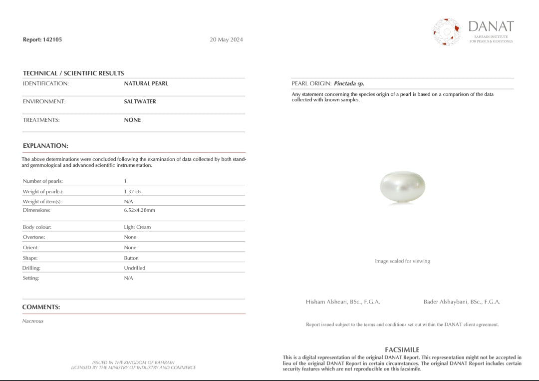 Real Natural Pearl 1.37 Carat Danat Lab Certificate No: 142105