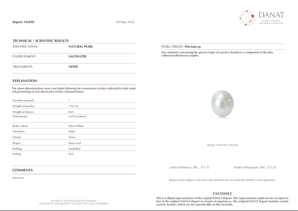 Real Natural Pearl 1.03 Carat Danat Lab Certificate No: 142099