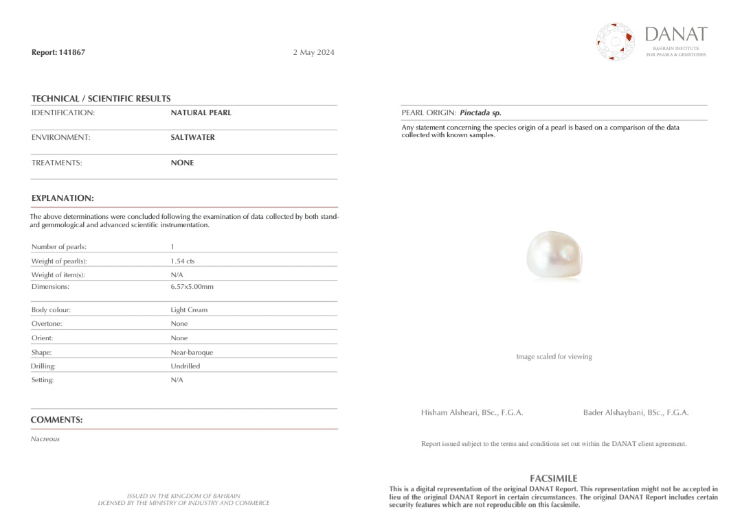 Real Natural Pearl 1.54 Carat Danat Lab Certificate No: 141867
