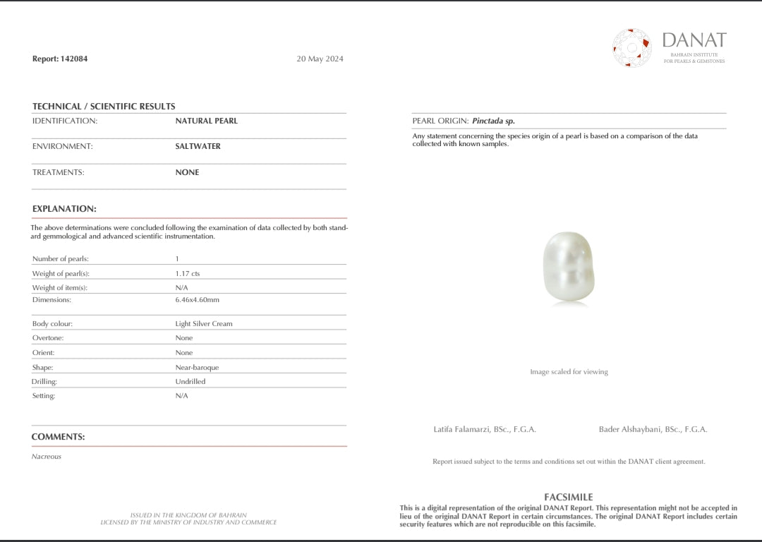 Real Natural Pearl 1.17 Carat Danat Lab Certificate No: 142084