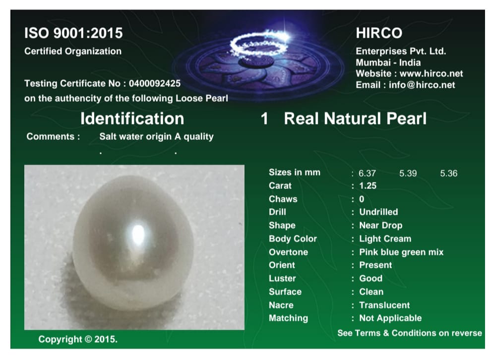 Real Natural Pearl 1.25 Carat Danat Lab Certified 133940/ Hirco Certificate No: 0400092425