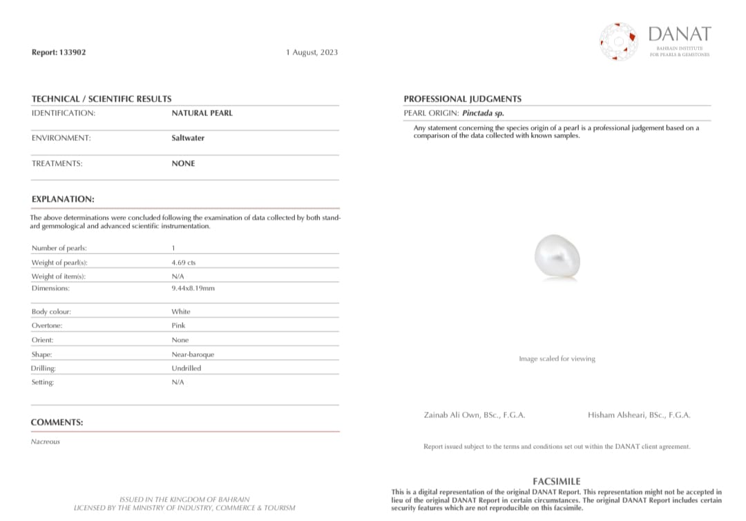Real Natural Pearl 4.69 Carat Danat Lab Certified 133902/ Hirco Certificate No: 0400022469