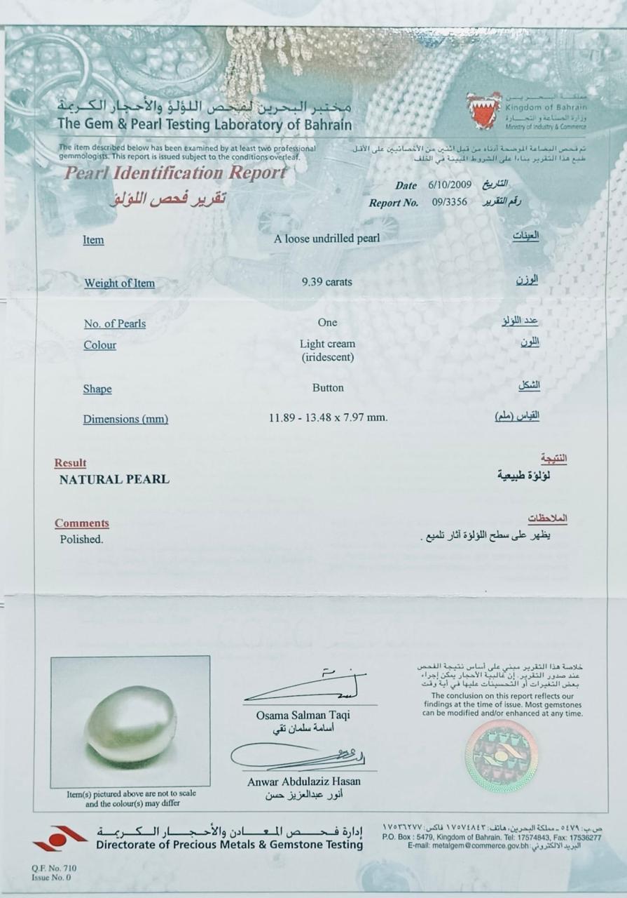 Real Natural Pearl 9.39 Carat Bahrain Lab Certified 09/3356
