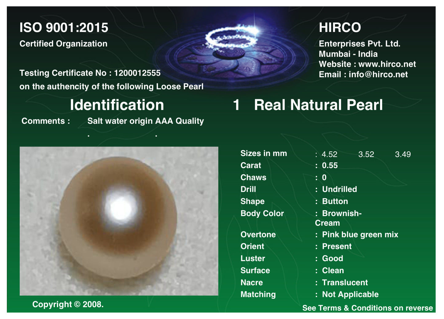 Real Natural Pearl 0.55 Carat Danat Lab Certified 133982/ Hirco Lab Certificate No: 1200012555