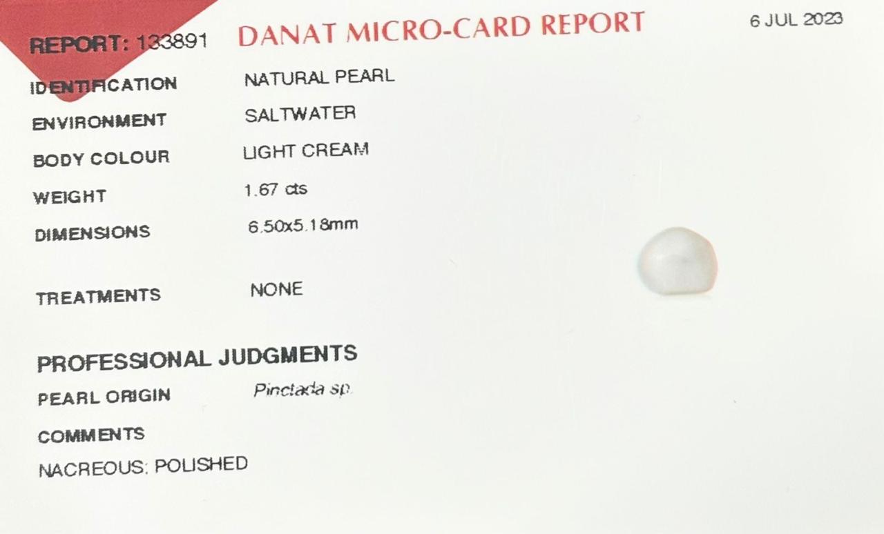 Real Natural Pearl 1.67 Carat Danat Lab Certified 133891/ Hirco Certificate No: 0500012467