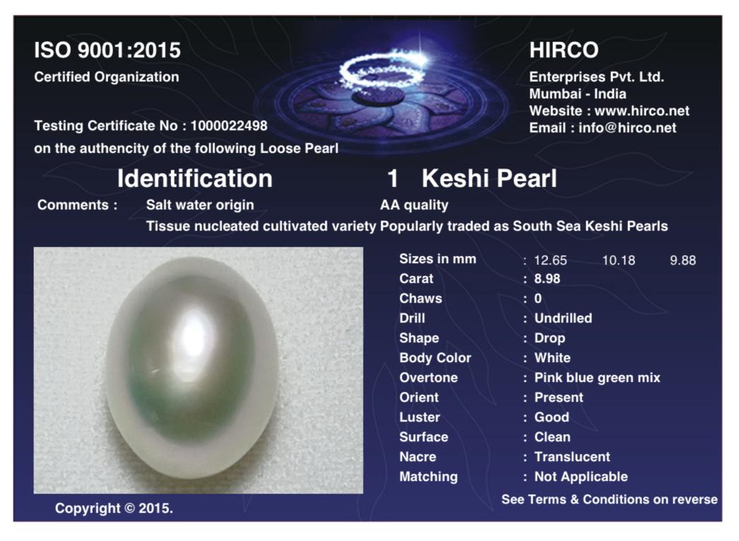 Keshi Pearl 8.98 Carat Saltwater Origin Hirco Lab Certified 1000022498