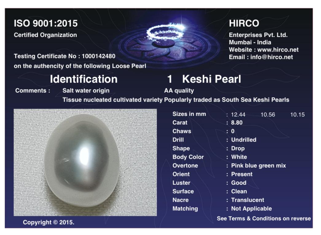 Keshi Pearl 8.80 Carat Saltwater Origin Hirco Lab Certified 1000142480
