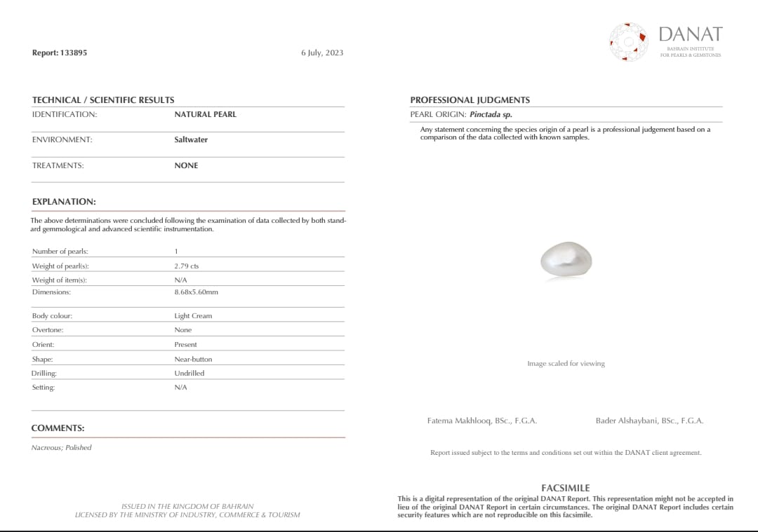 Real Natural Pearl 2.79 Carat Danat Lab Certified 133895/ Hirco Certificate No: 0500072479