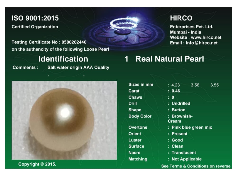 Real Natural Pearl 0.46 Carat Danat Lab Certified 133967/ Hirco Certificate No: 0500202446