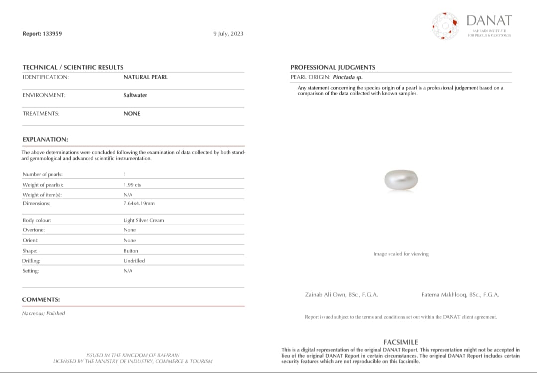 Real Natural Pearl 1.99 Carat Danat Lab Certified 133959/ Hirco Certificate No: 0400052499