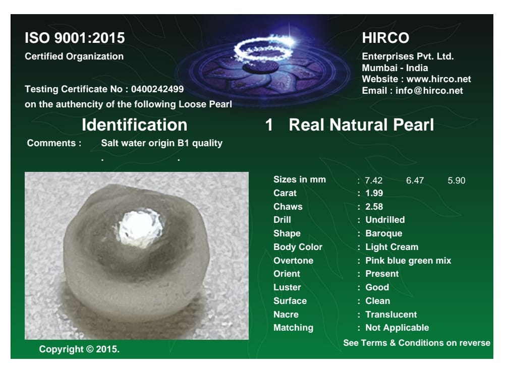 Real Natural Pearl 1.99 Carat Danat Lab Certified 133962/ Hirco Certificate No: 0400242499