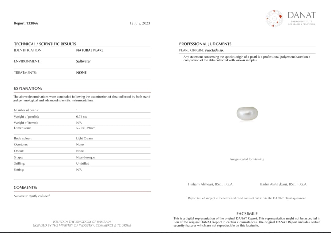 Real Natural Pearl 0.73 Carat Danat Lab Certified 133866/ Hirco Lab Certificate No: 0500022473