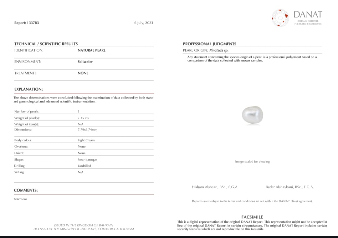 Real Natural Pearl 2.35 Carat Danat Lab Certified 133783/ Hirco Lab Certificate No: 0500052435