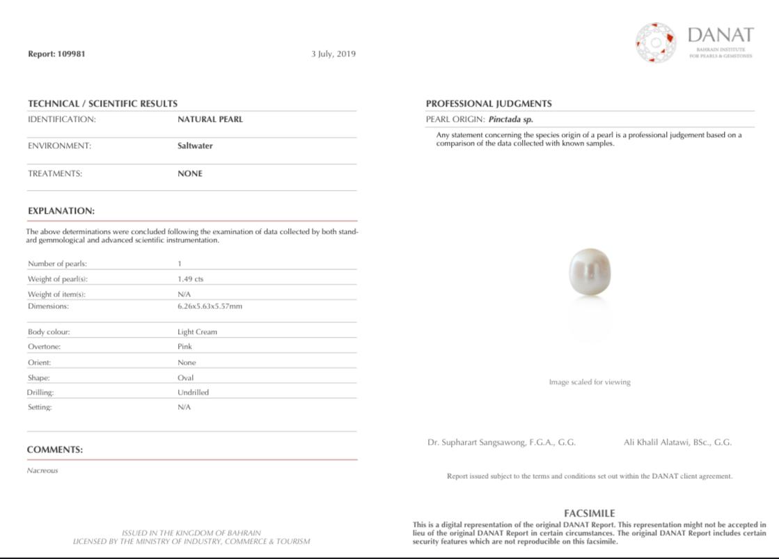 Real Natural Pearl 1.49 Carat Danat Lab Certified 109981