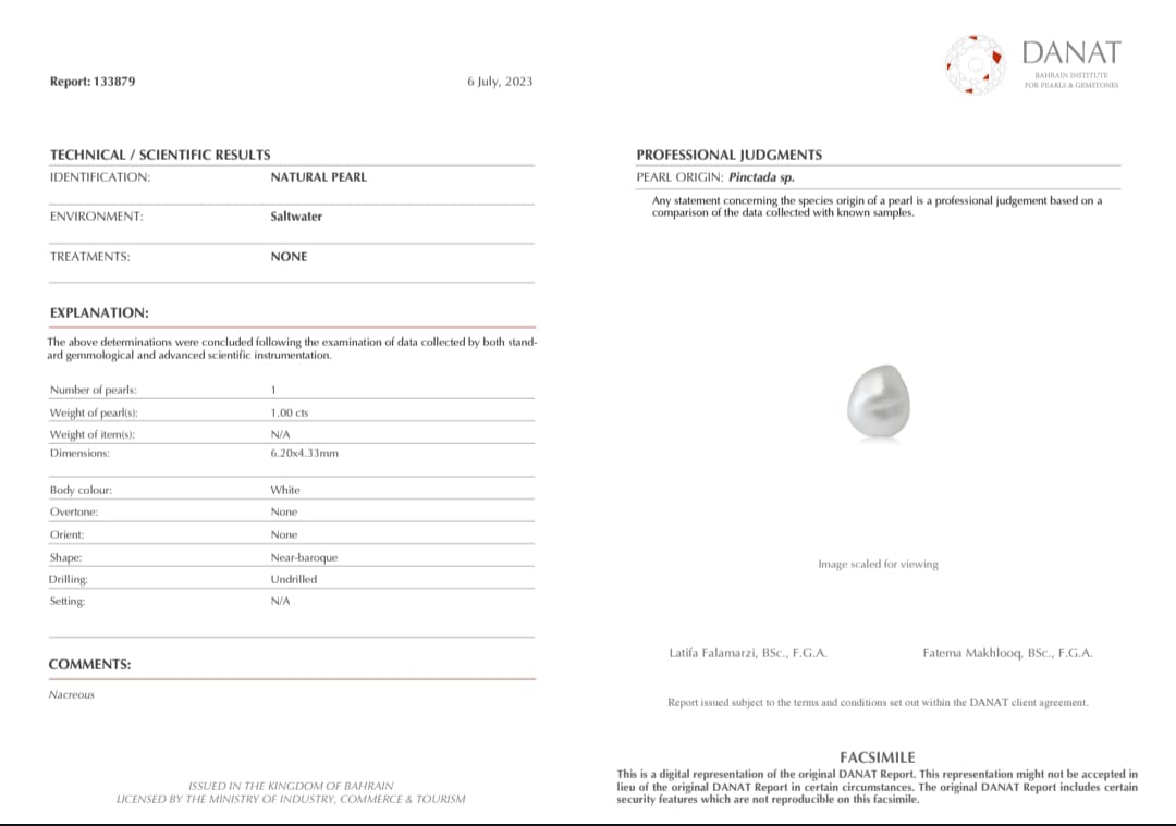 Real Natural Pearl 1.00 Carat Danat Lab Certified 133879/ Hirco Lab Certificate No: 0500132400