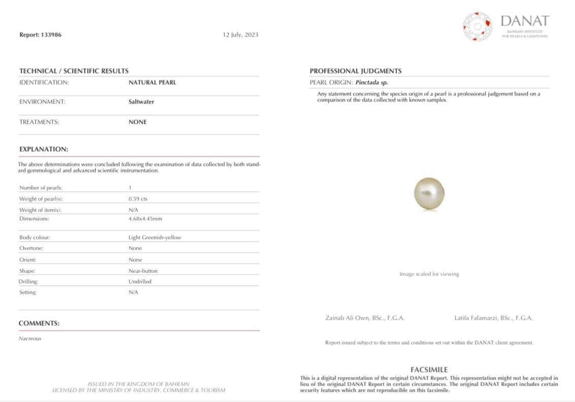 Real Natural Pearl 0.59 Carat Danat Lab Certified 133986/ Hirco Lab Certificate No: 0500172459