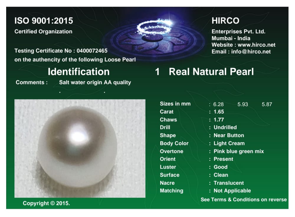 Real Natural Pearl 1.65 Carat Danat Lab Certified 133862/ Hirco Certificate No: 0400072465