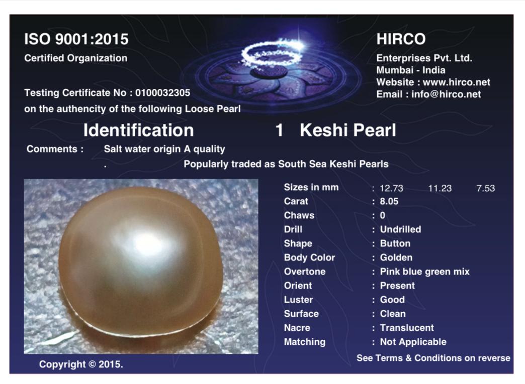Keshi Pearl 8.05 Carat Saltwater Origin Hirco Lab Certified 0100032305
