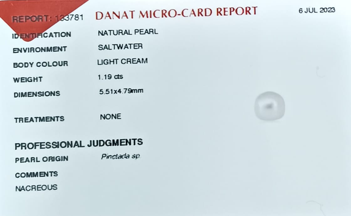 Real Natural Pearl 1.19 Carat Danat Lab Certified 133781/ Hirco Certificate No: 0500122419