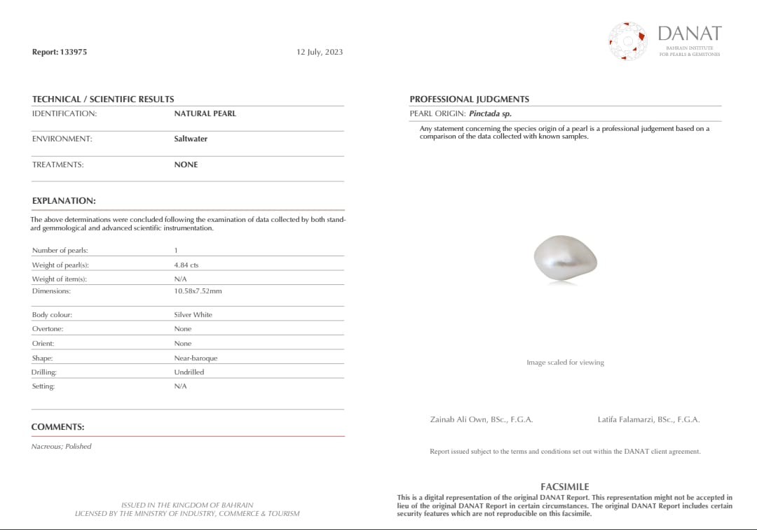 Real Natural Pearl 4.84 Carat Danat Lab Certified 133975/ Hirco Certificate No: 0400192484