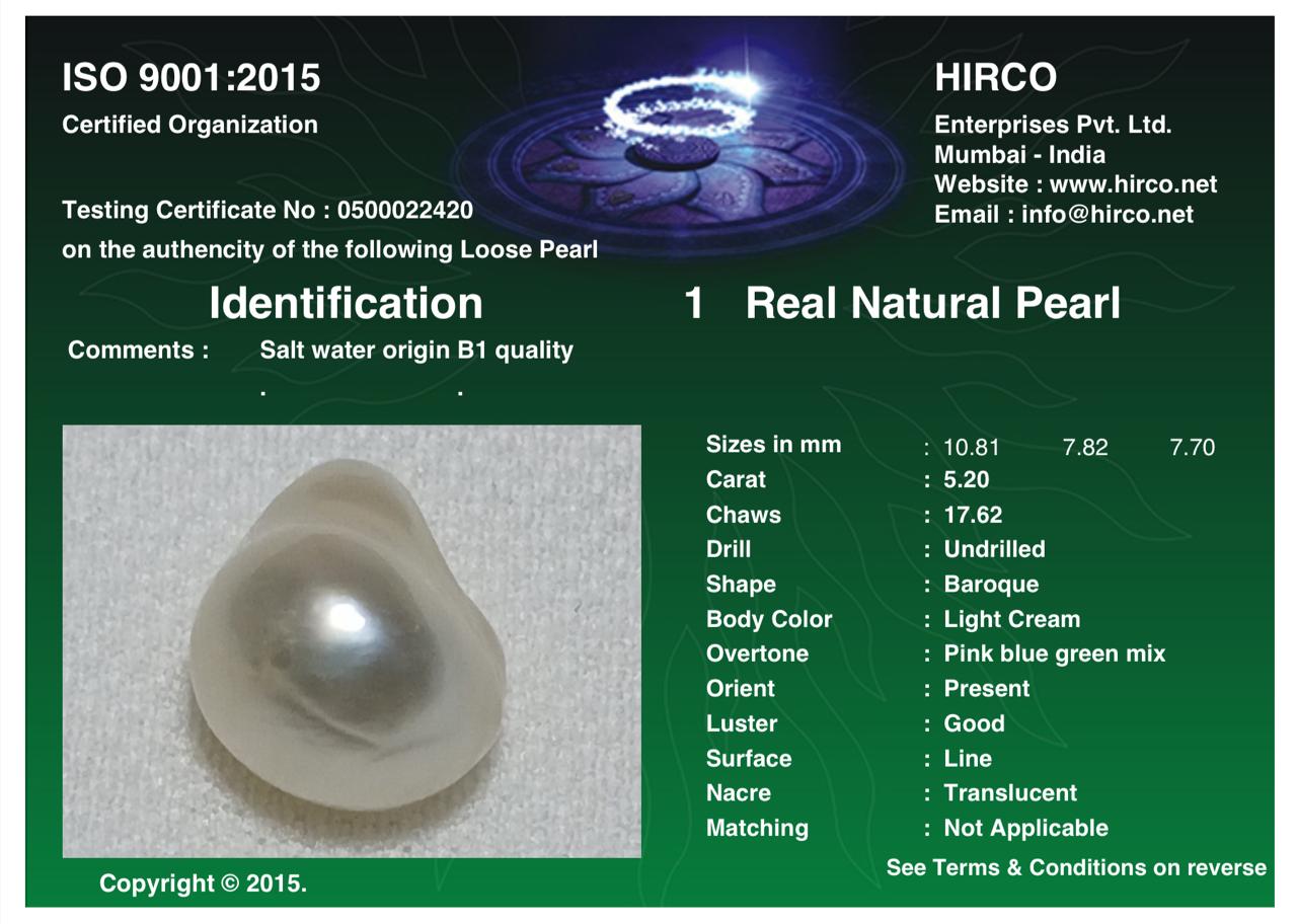 Real Natural Pearl 5.20 Carat Danat Lab Certified 133813/ Hirco Lab Certificate No: 0500022420